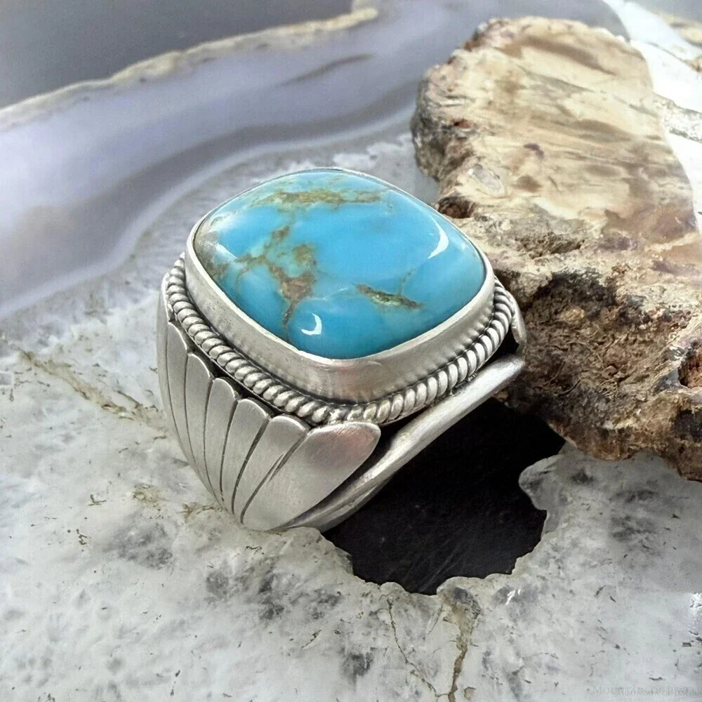 Native American Sterling Square Kingman Turquoise Shield Ring Size 11.25 For Men